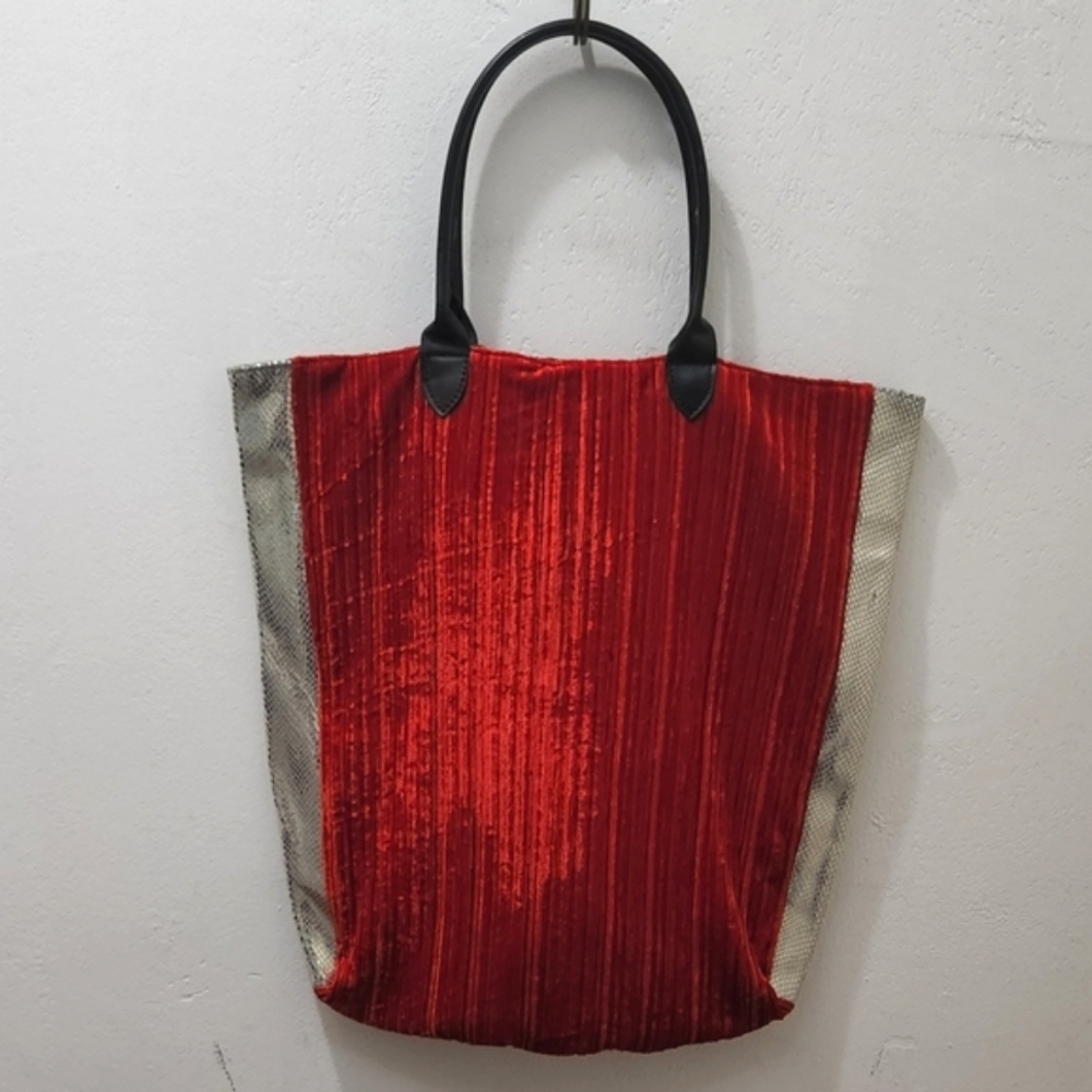 Momo New York | Embossed Panel Red Velour Tote